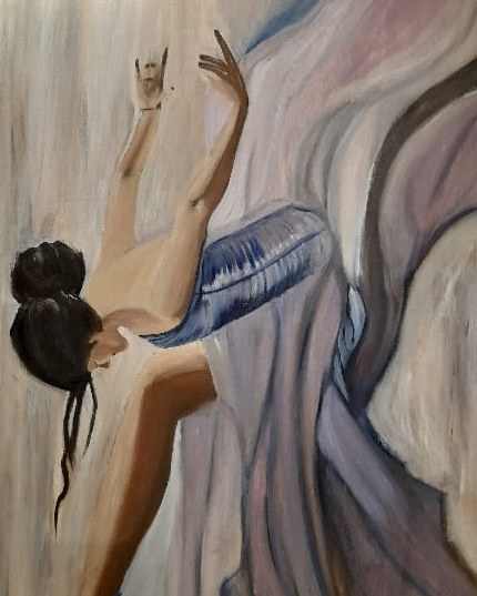 Oil painting of a ballerina with dark hair in a bun bending backwards, arms raised, surrounded by flowing lilac and grey fabric